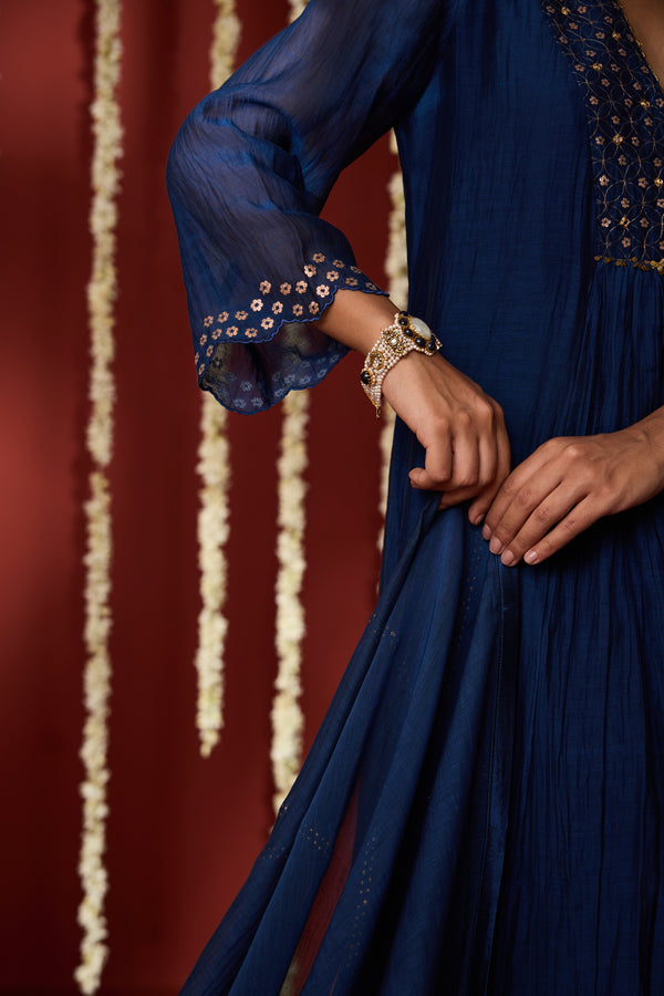 Chanderi Hand Embroidered Kurta - Blue