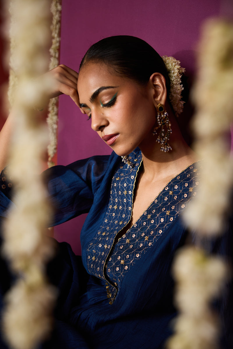 Chanderi Hand Embroidered Kurta - Blue
