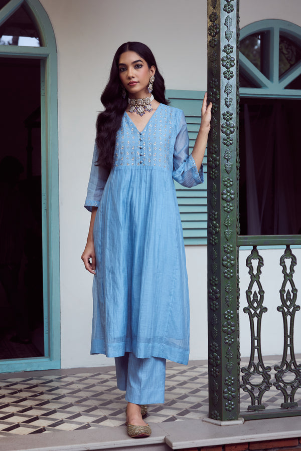 Chanderi Hand Embroidered Kurta - Blue