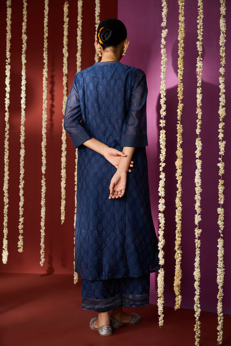 Chanderi Hand Embroidered Kurta - Blue