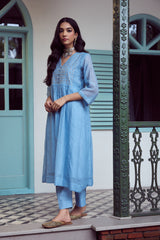 Chanderi Hand Embroidered Kurta - Blue