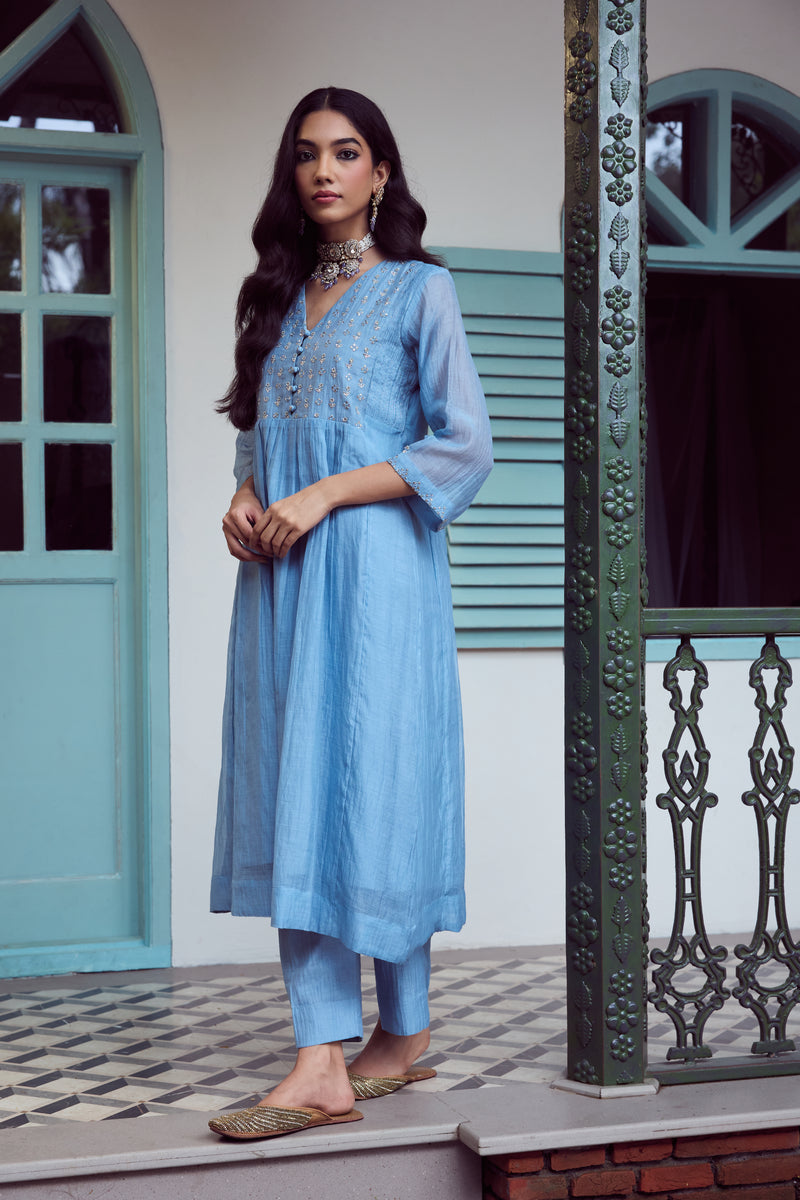 Chanderi Hand Embroidered Kurta - Blue