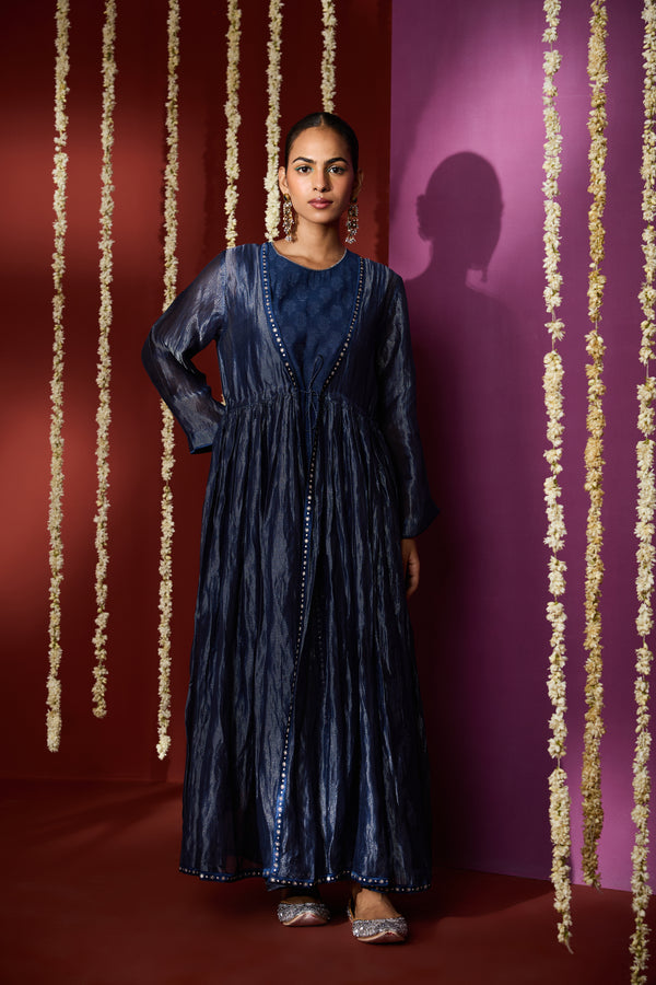 Silk Kota Shrug With Chanderi Slip Kurta - Blue