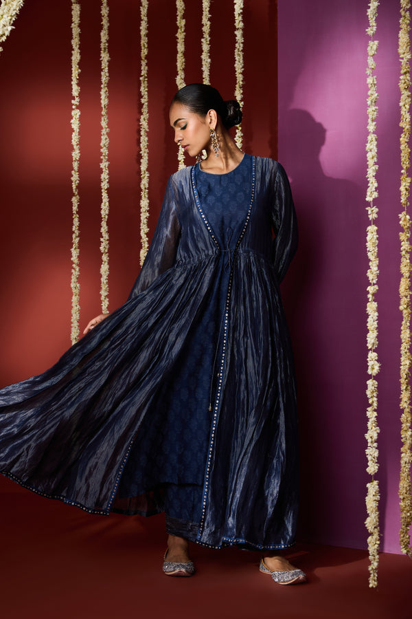Silk Kota Shrug With Chanderi Slip Kurta - Blue