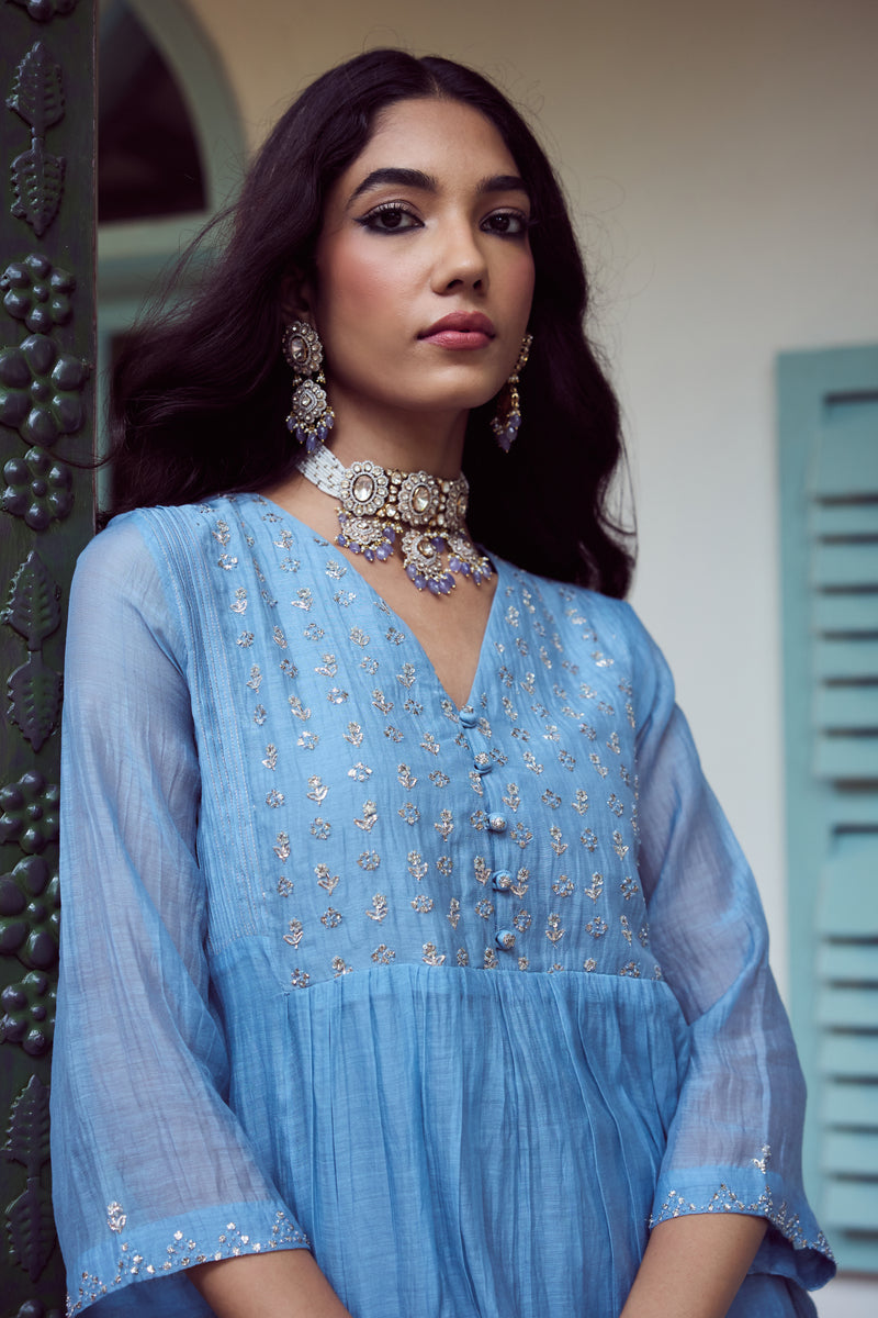 Chanderi Hand Embroidered Kurta - Blue