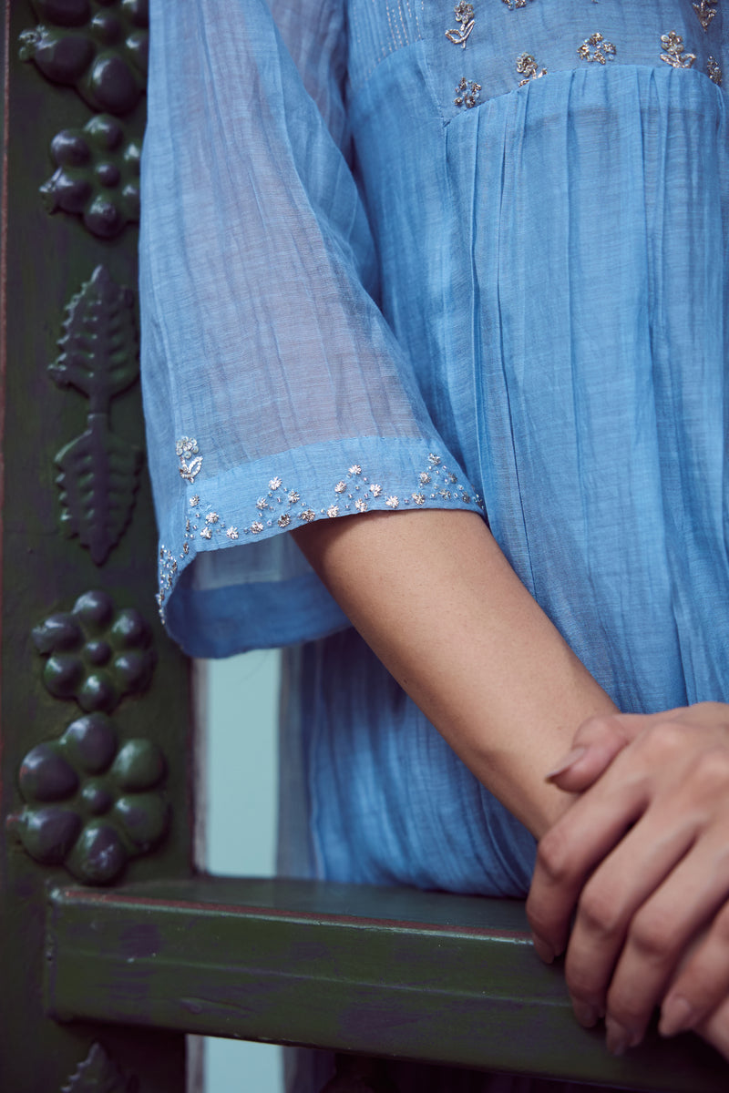 Chanderi Hand Embroidered Kurta - Blue