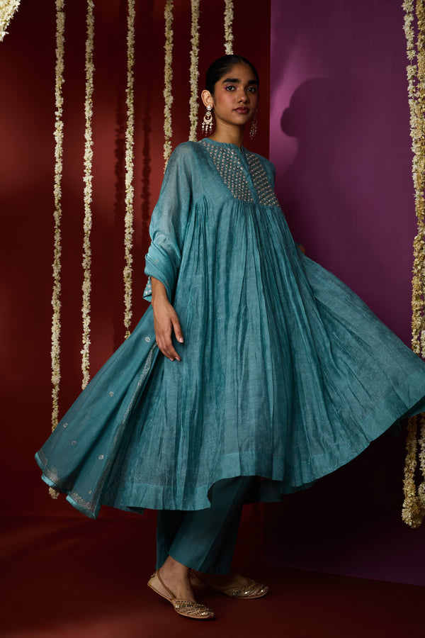 Chanderi Hand Embroidered Kurta - Blue