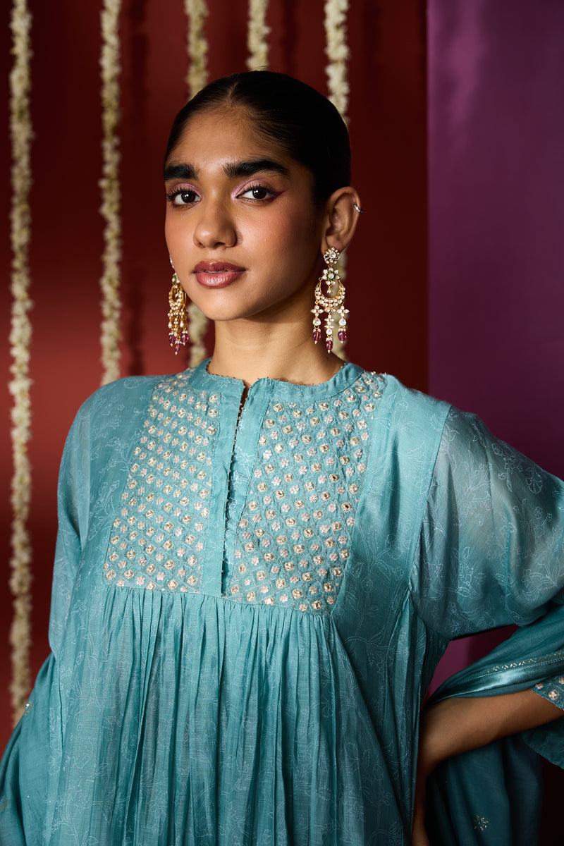 Chanderi Hand Embroidered Kurta - Blue