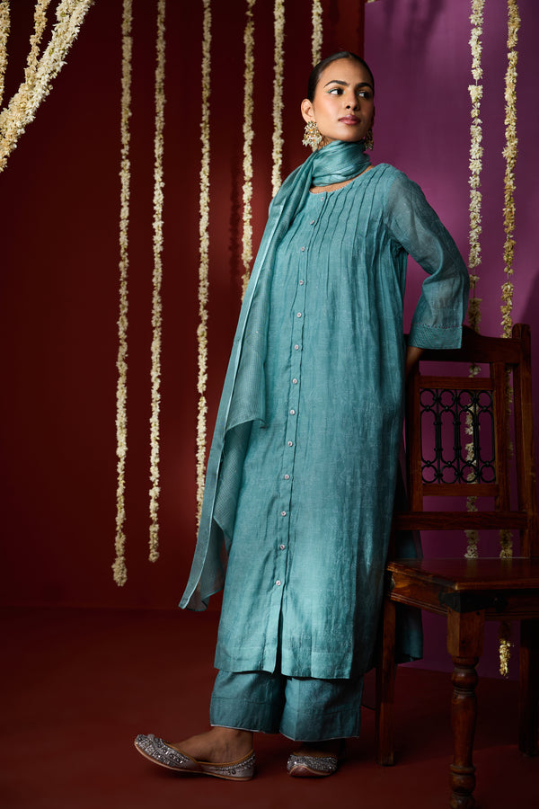 Chanderi Hand Embroidered Kurta - Blue