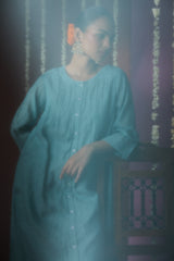 Chanderi Hand Embroidered Kurta - Blue
