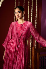 Silk Kota Shrug With Chanderi Slip Kurta - Pink