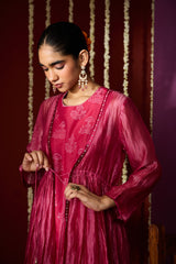 Silk Kota Shrug With Chanderi Slip Kurta - Pink