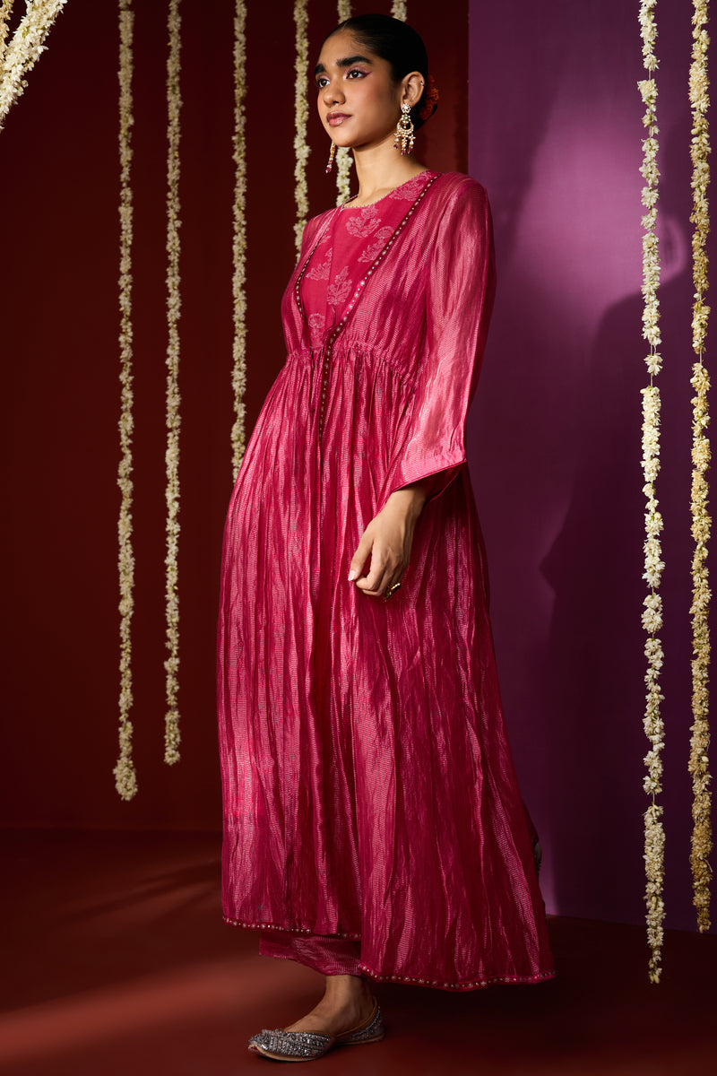 Silk Kota Shrug With Chanderi Slip Kurta - Pink