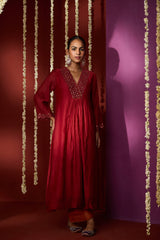 Chanderi Hand Embroidered Kurta - Red