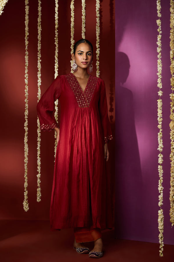 Chanderi Hand Embroidered Kurta - Red