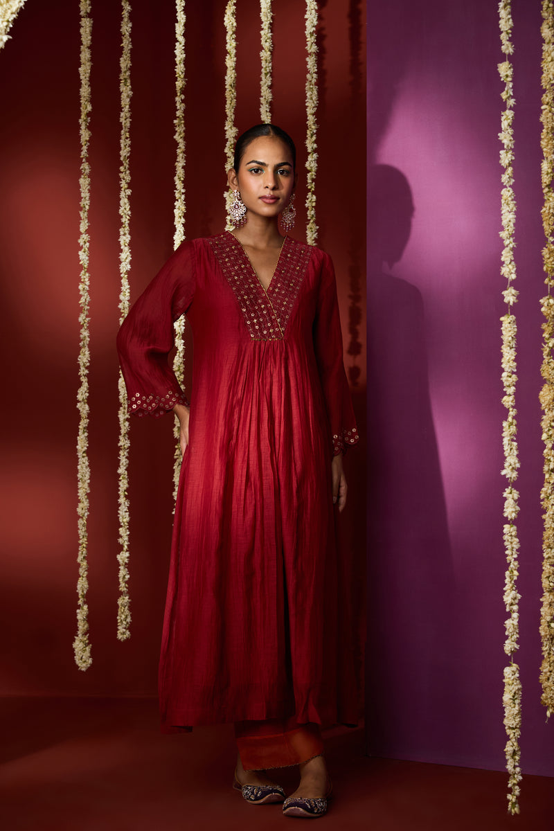 Chanderi Hand Embroidered Kurta - Red