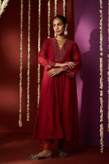 Chanderi Hand Embroidered Kurta - Red