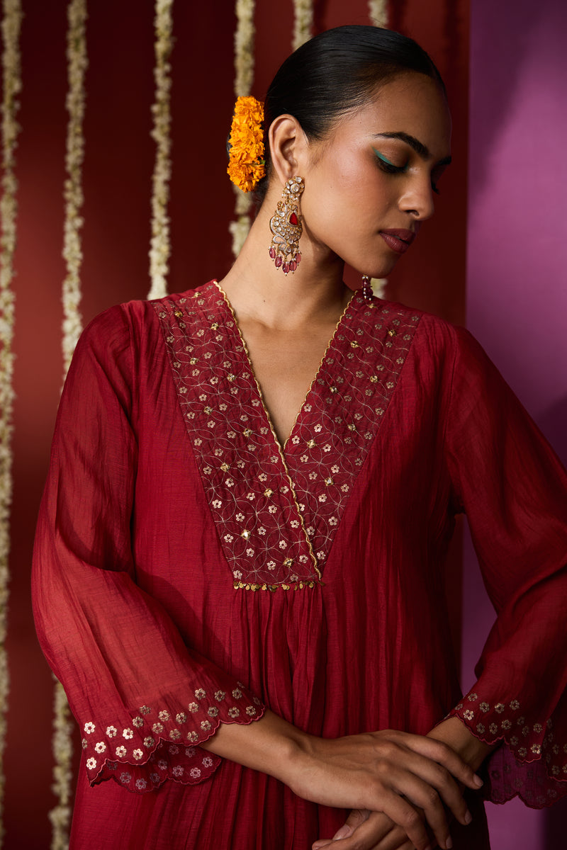 Chanderi Hand Embroidered Kurta - Red