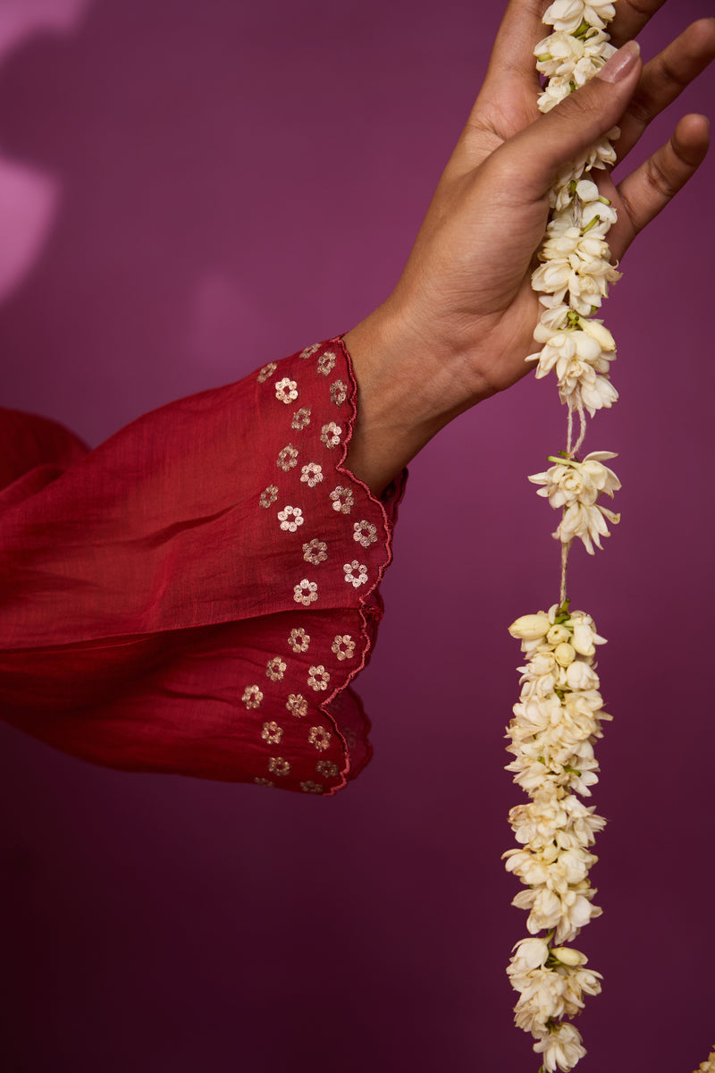 Chanderi Hand Embroidered Kurta - Red