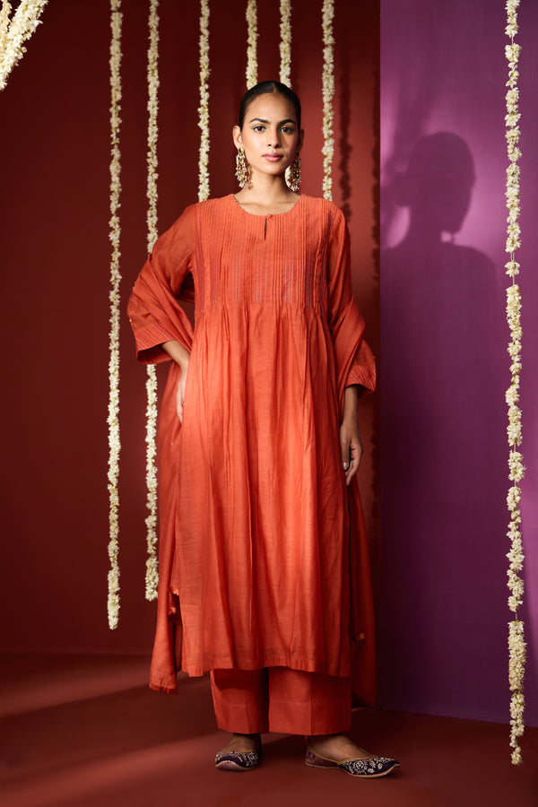 Chanderi Hand Embroidered Kurta - Orange