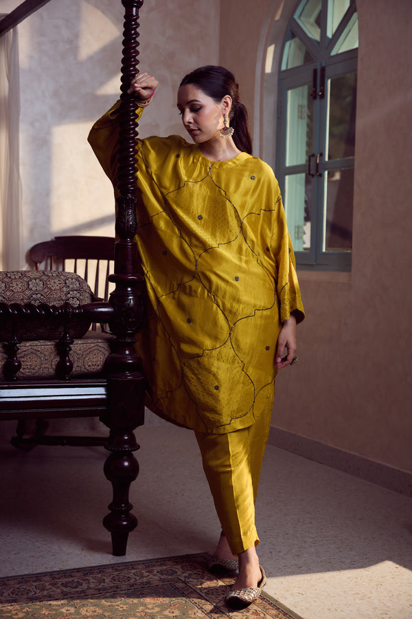 Dupion Silk Hand Embroidered Tunic - Yellow