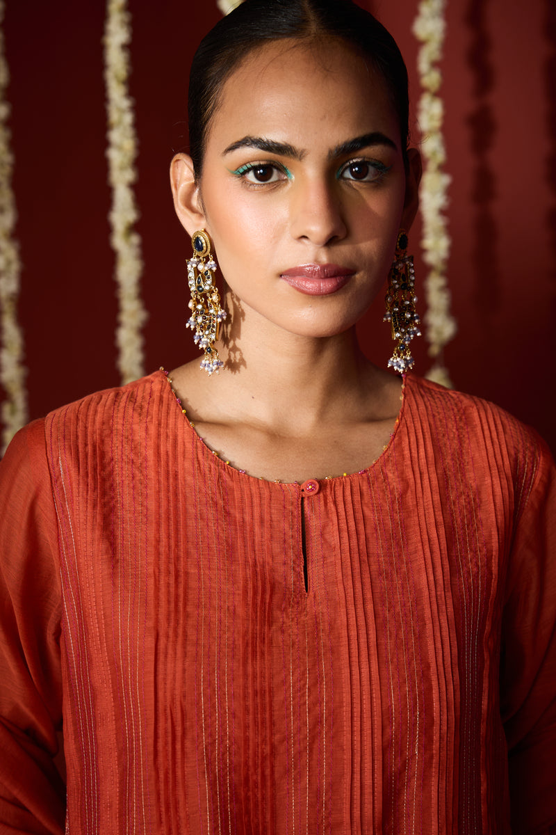 Chanderi Hand Embroidered Kurta - Orange
