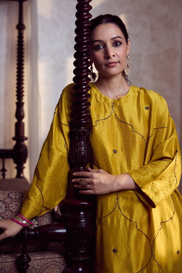 Dupion Silk Hand Embroidered Tunic - Yellow