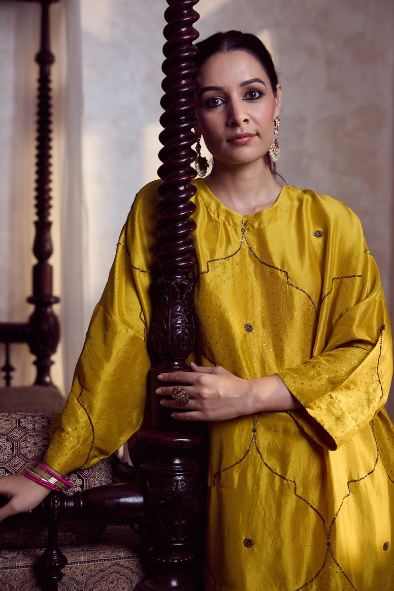 Dupion Silk Hand Embroidered Tunic - Yellow