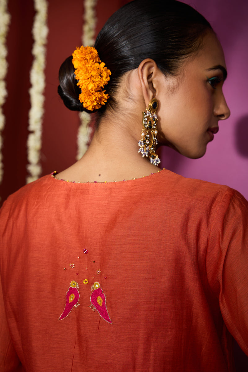 Chanderi Hand Embroidered Kurta - Orange