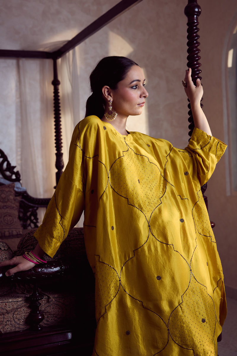 Dupion Silk Hand Embroidered Tunic - Yellow