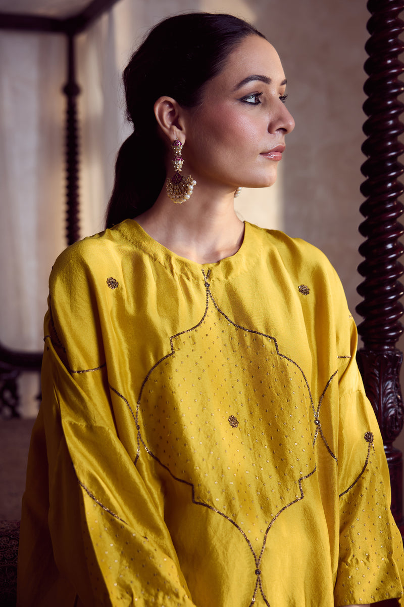 Dupion Silk Hand Embroidered Tunic - Yellow