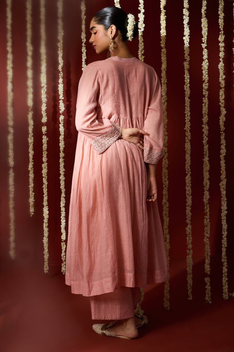 Chanderi Hand Embroidered Kurta - Pink