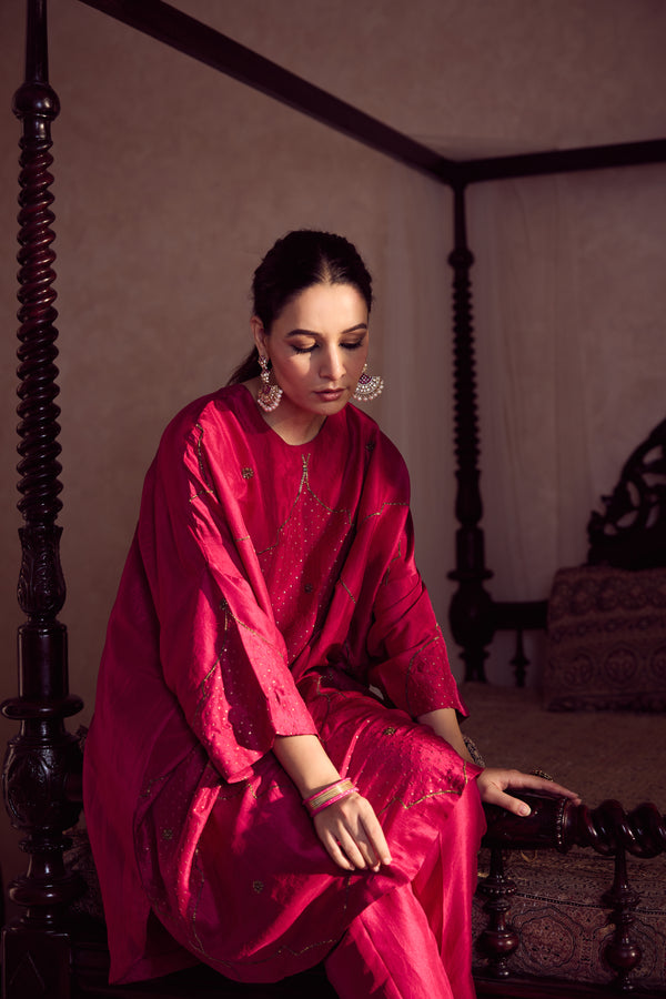 Dupion Silk Hand Embroidered Tunic - Pink
