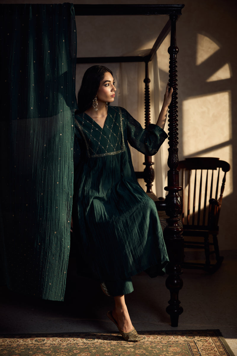 Chanderi Embroidered Kurta - Green