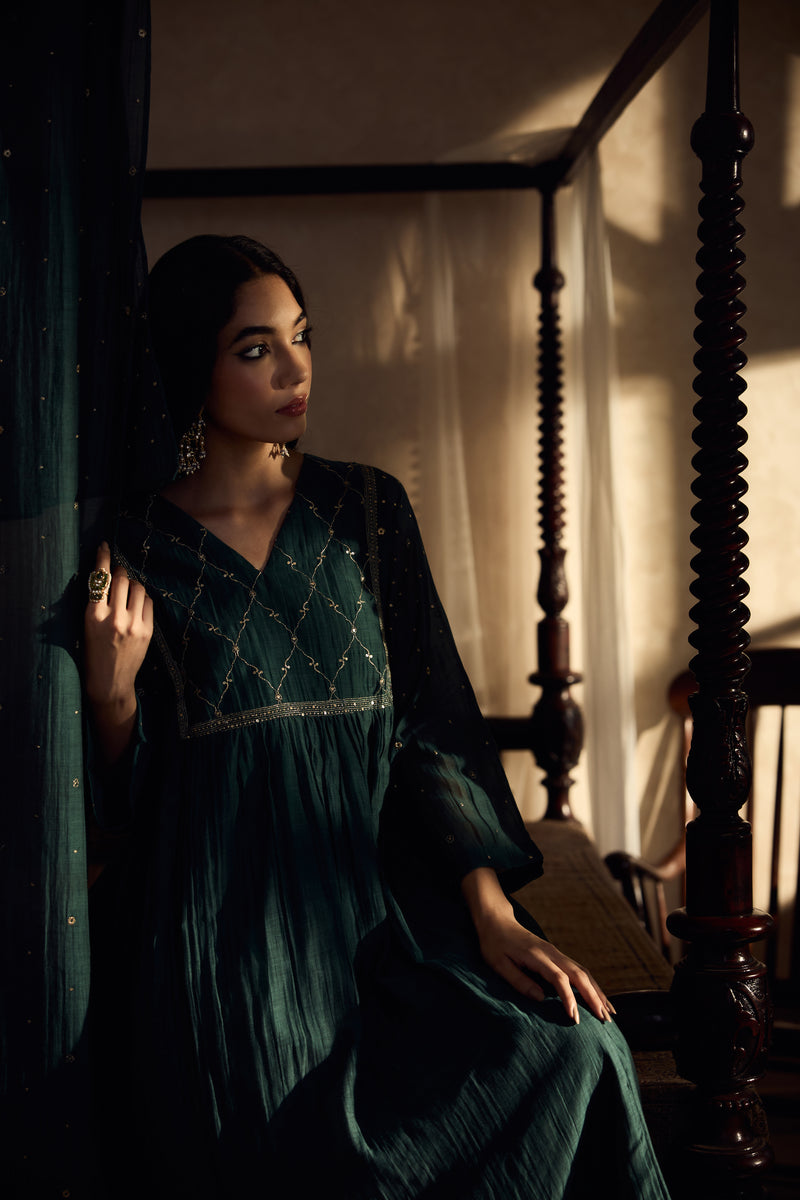 Chanderi Embroidered Kurta - Green