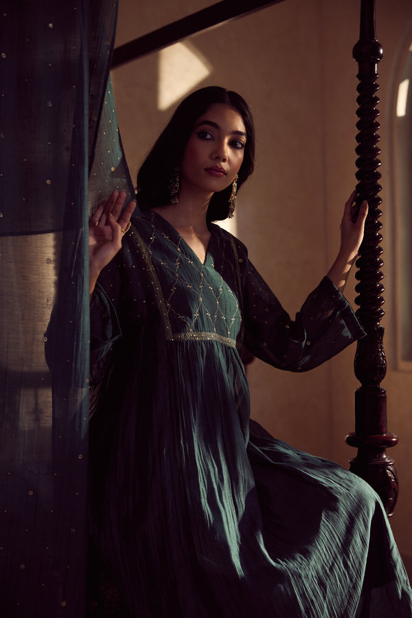Chanderi Embroidered Kurta - Green