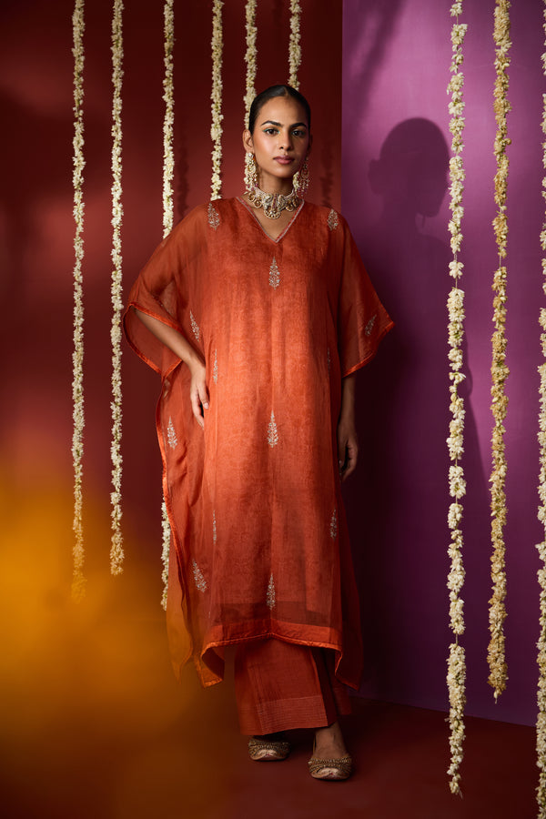 Organza Hand Embroidered Kaftan - Orange