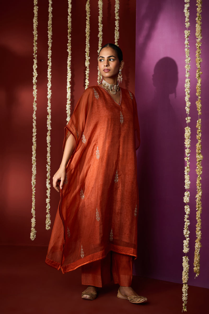 Organza Hand Embroidered Kaftan - Orange