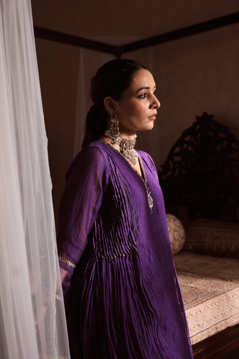 Chanderi Hand Embroidered Kurta - Purple