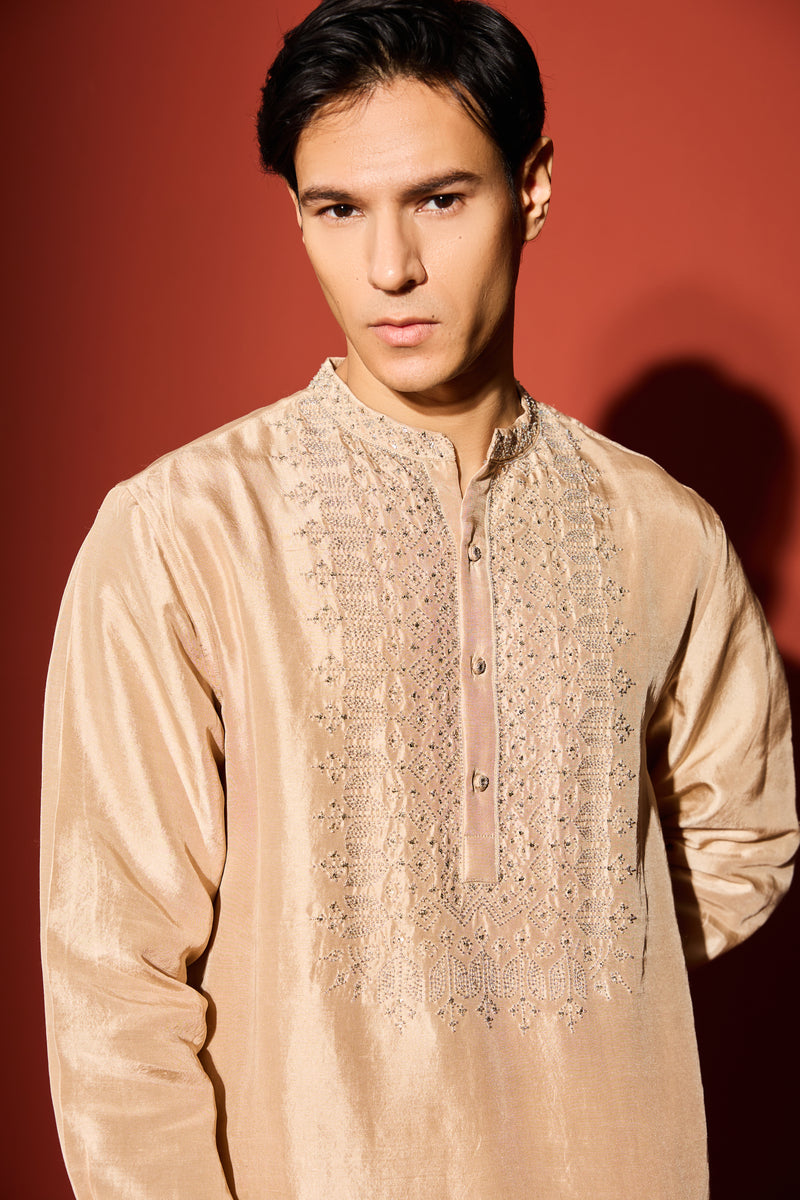 Silk Hand Embroidered Kurta - White