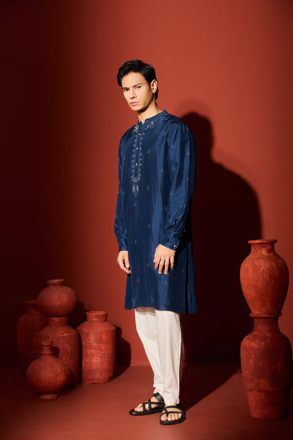 Silk Hand Embroidered Kurta - Blue