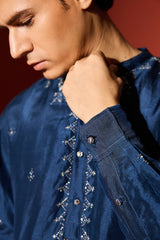 Silk Hand Embroidered Kurta - Blue