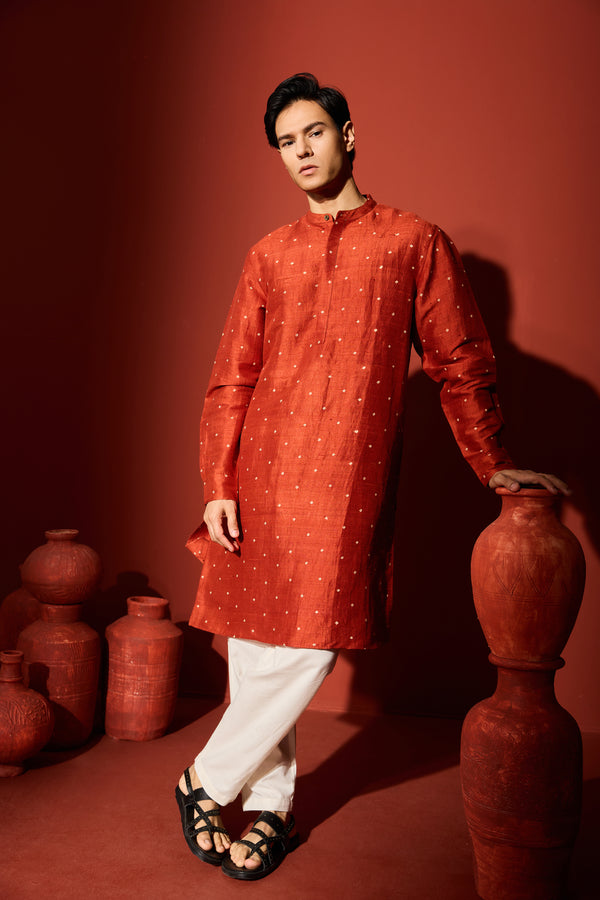 Silk Block Printed Kurta - Rust