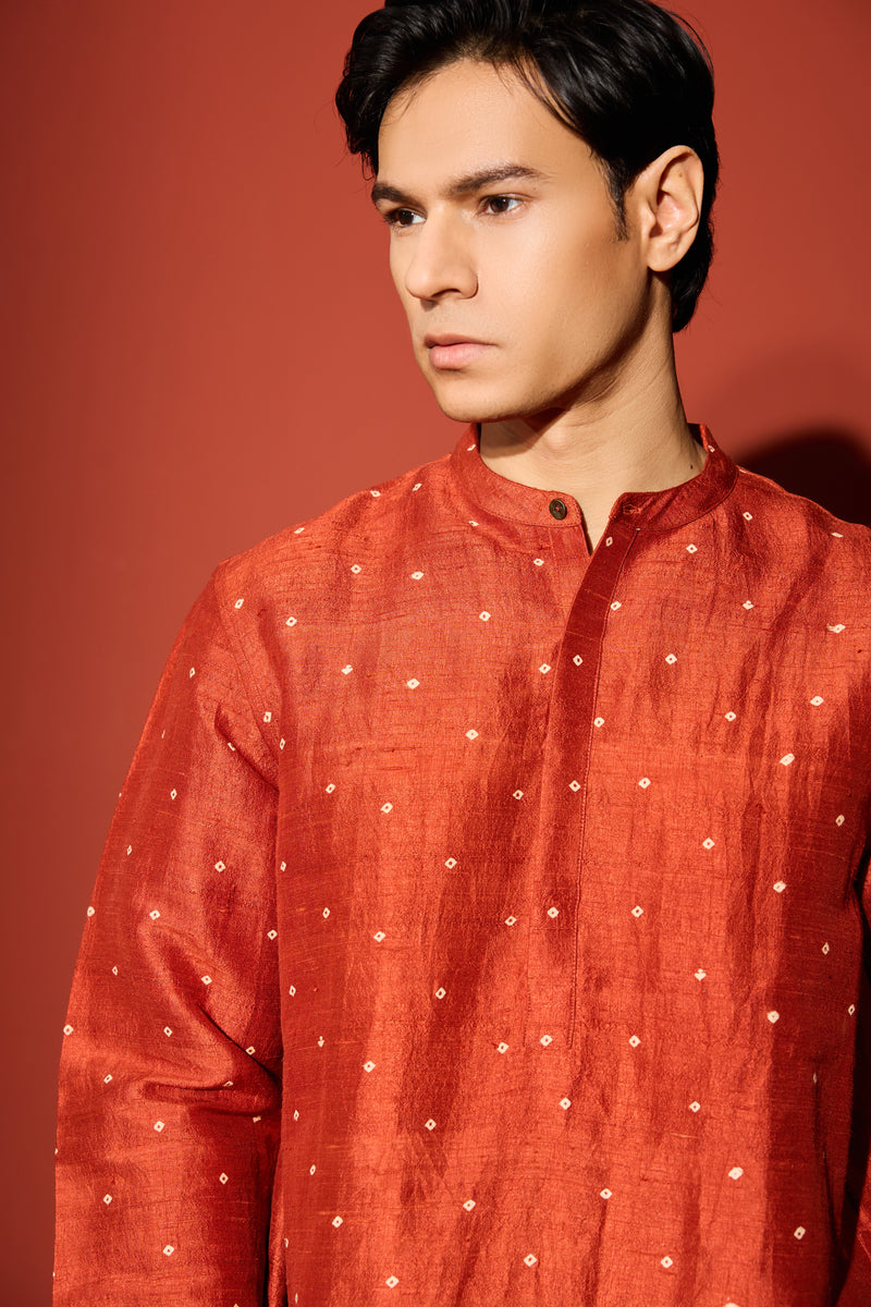 Silk Block Printed Kurta - Rust