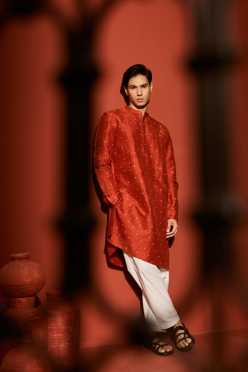 Silk Block Printed Kurta - Rust