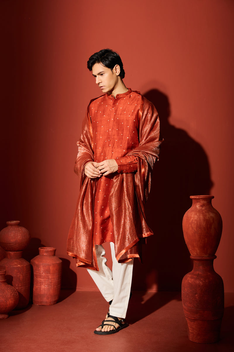 Silk Block Printed Kurta - Rust
