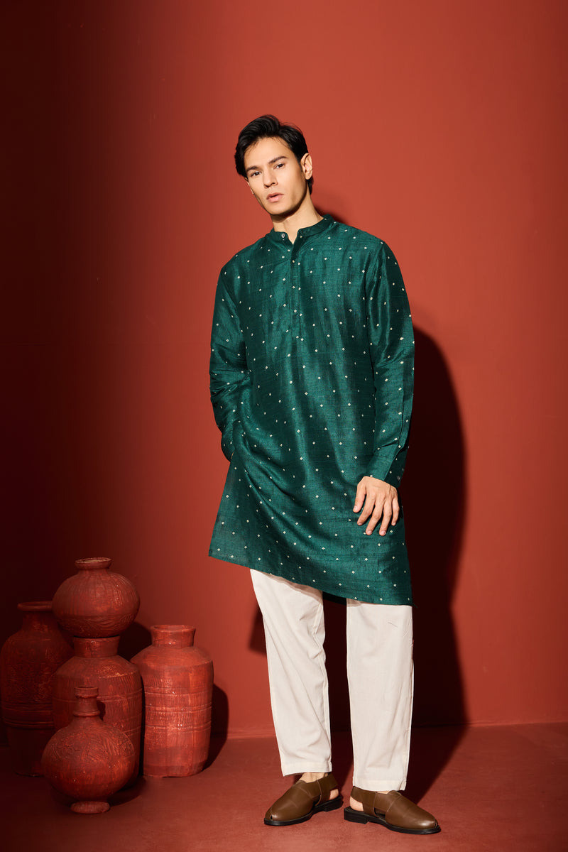 Silk Block Printed Kurta - Green