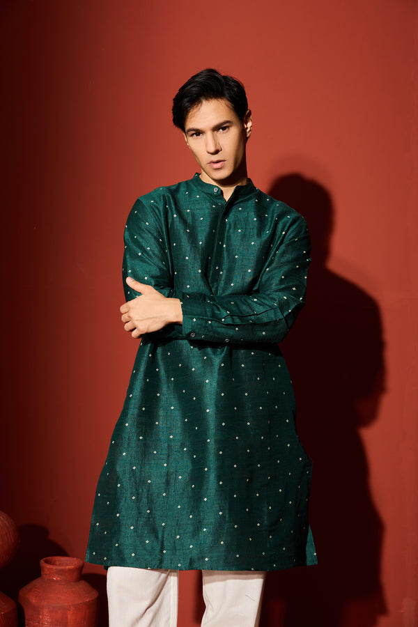 Silk Block Printed Kurta - Green