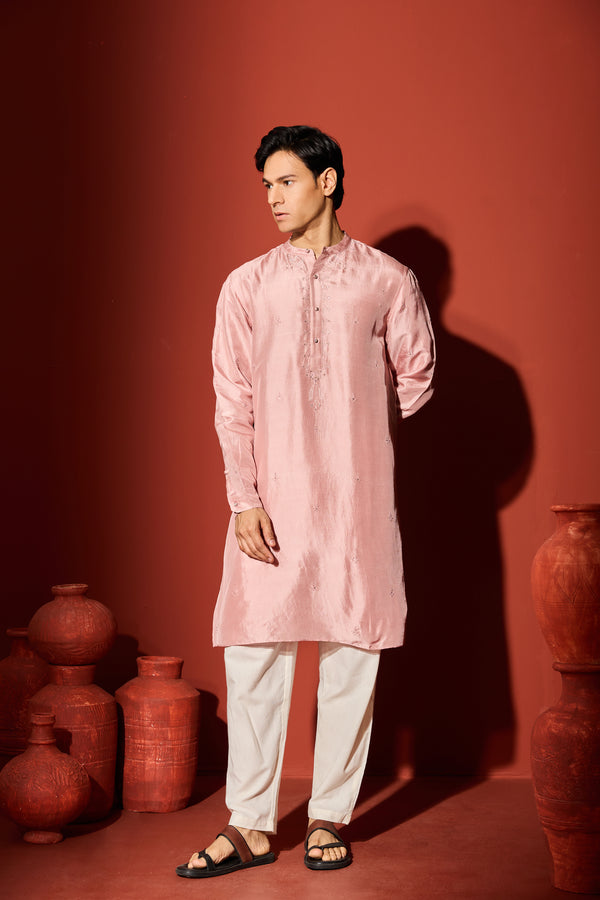 Silk Hand Embroidered Kurta - Peach