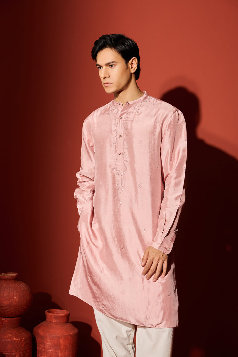 Silk Hand Embroidered Kurta - Peach